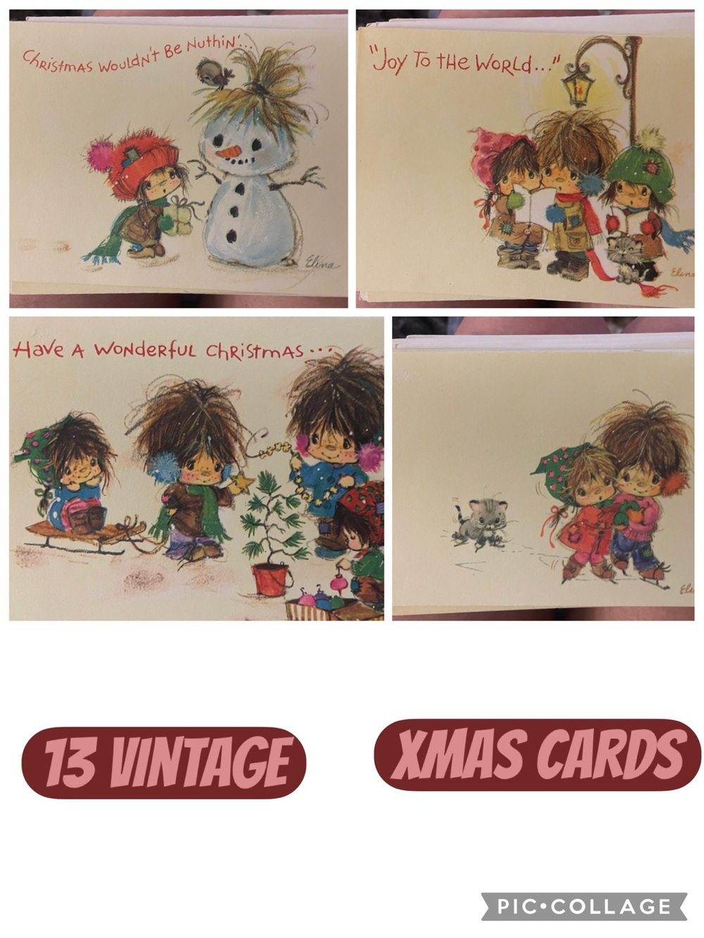 Vintage Kids Christmas Cards Set - Red & Green Holiday Illustrations